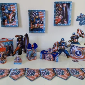 Festa pronta Capitão América em Studio e PDF para imprimir, ideal para decoração de aniversário infantil temática.