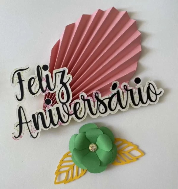 Topo Bolo Folha Plissada Feliz Aniversário Studio