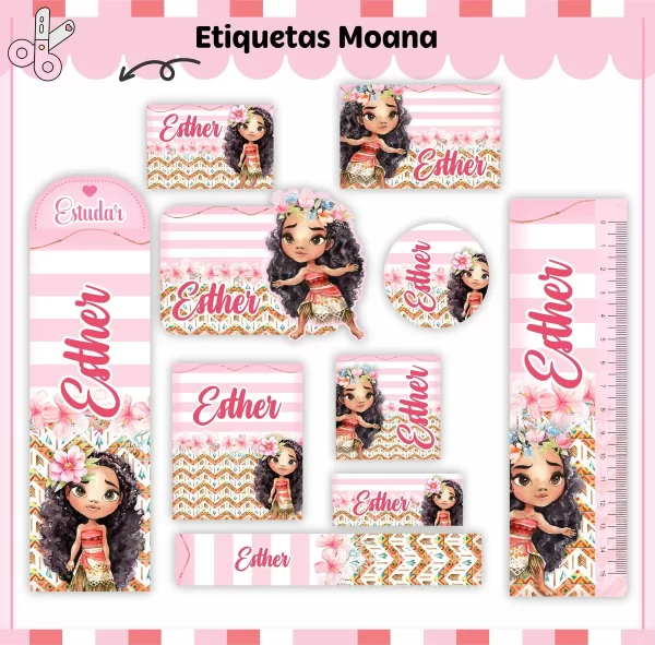 Arquivo Corte Etiqueta Escolar Moana Rosa