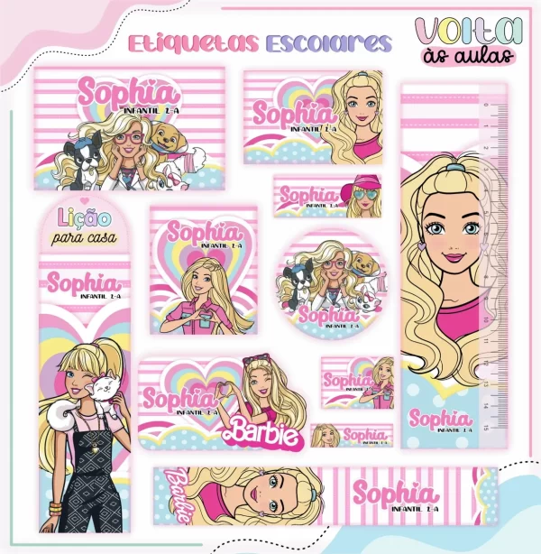 Etiqueta Escolar Barbie Studio, Pdf e Png