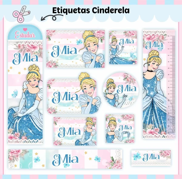 Etiqueta Escolar Cinderela Studio, Pdf e Png