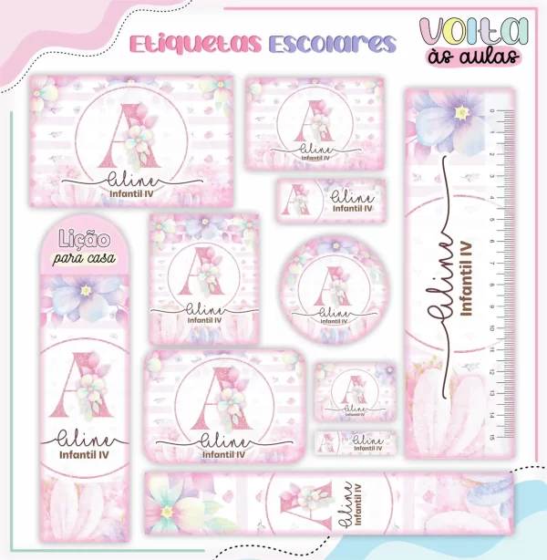 Etiqueta Escolar Floral Studio, Pdf e Png