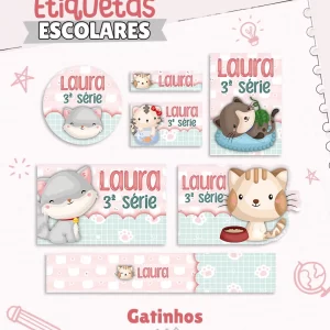 Etiqueta Escolar Gatinha Studio, Pdf e Png