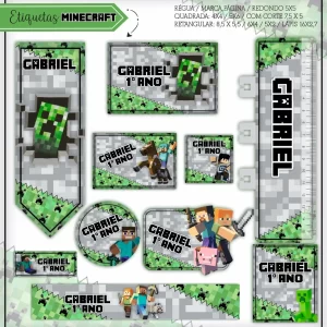 Etiqueta Escolar Minecraft Studio, Pdf e Png