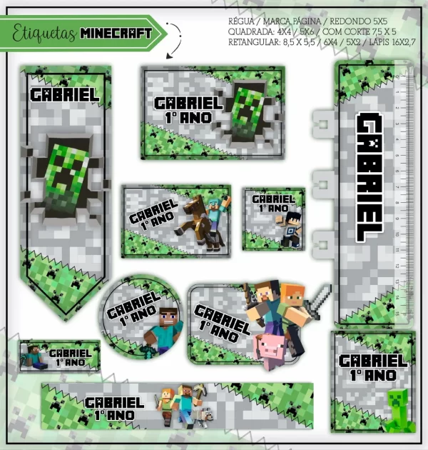 Etiqueta Escolar Minecraft Studio, Pdf e Png