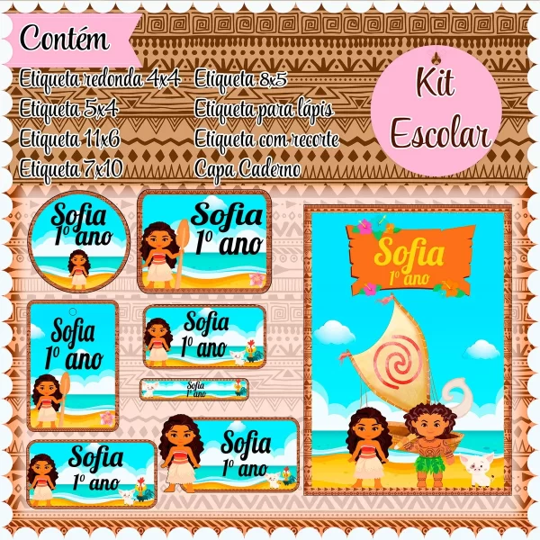 Etiqueta Escolar Moana Studio, Pdf e Png