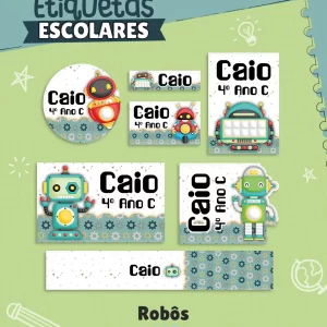 Etiqueta Escolar Robôs Studio, Png e Pdf