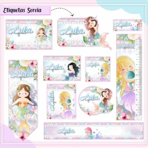 Etiqueta Escolar Sereia Studio, Pdf e Png