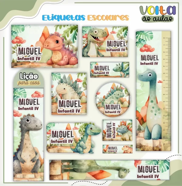 Molde Digital Etiqueta Escolar Dinossauro