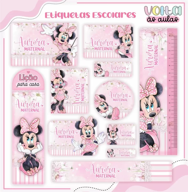 Molde Digital Etiqueta Escolar Minnie Rosa