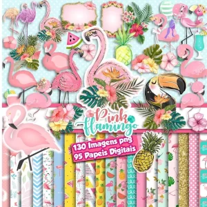 Kit Digital Papel e Cliparts Flamingo