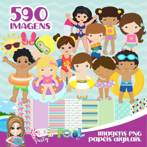 Kit Digital Papel e Cliparts Pool Party