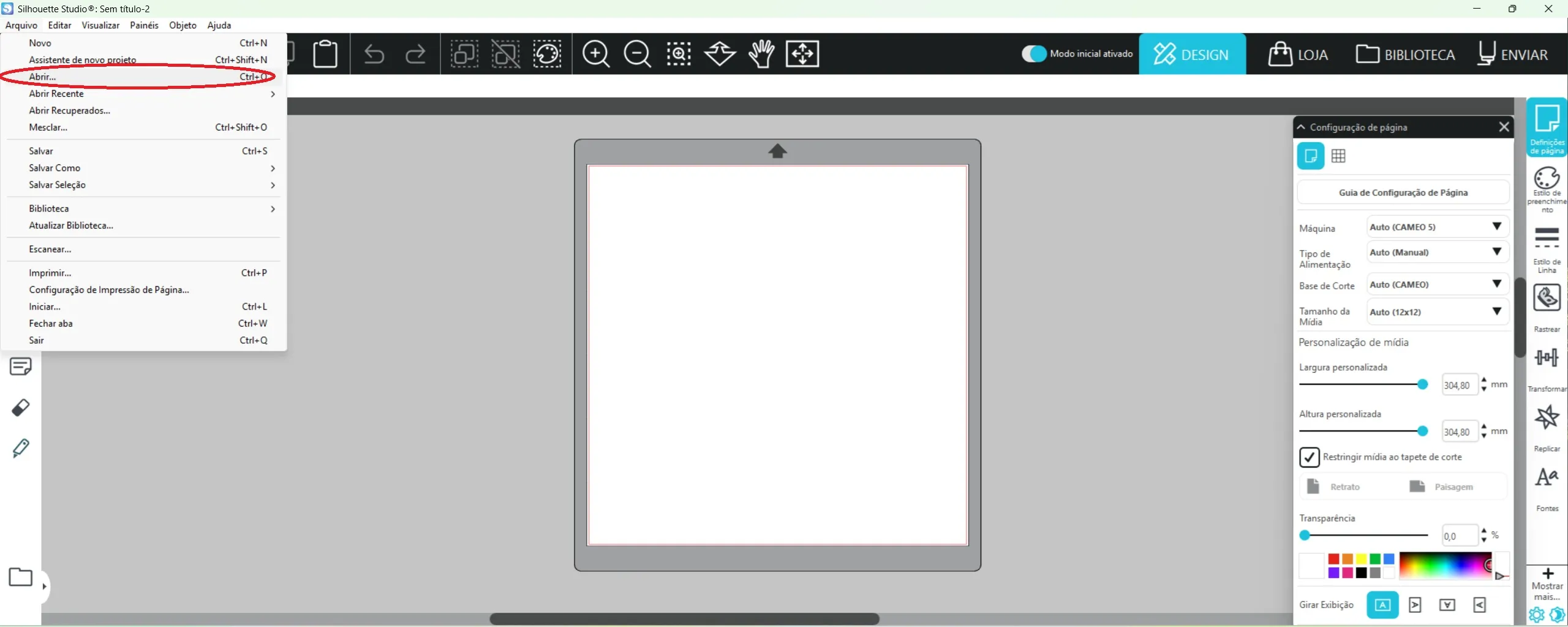 Interface abrindo o arquivo de corte studio no programa silhouette